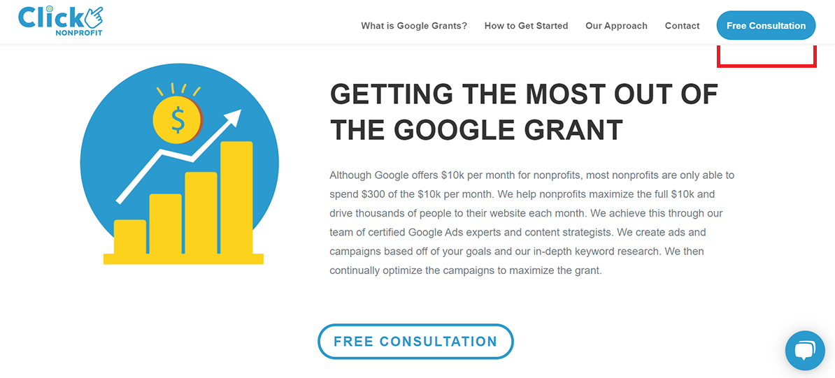 At top of webpage, call to action button reads "Free Consultation"