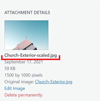 File attachment name reads "Church-Exterior-scaled.jpg".