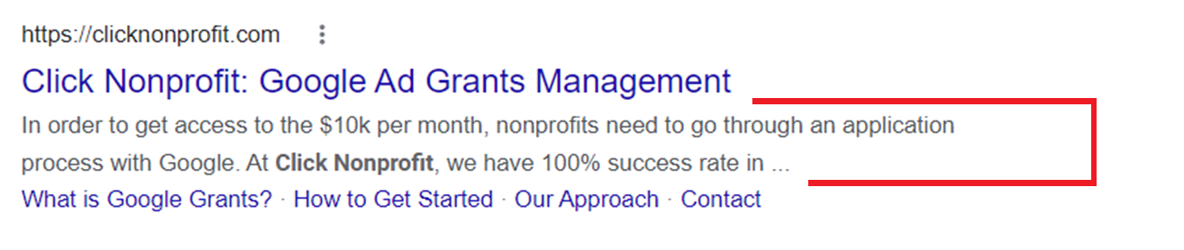 On search engine results page, meta description reading "Our Google Ads Certified team enables nonprofits to reach thousands of people by helping them maximize the $10k per month Google Ad Grant. Start free trial.