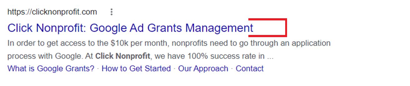 On search engine results page, a title tag reads "Click Nonprofit: Google Ad Grants Management"