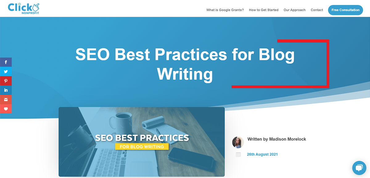 At top of page, blog post title reading "SEO Best Practices for Blog Writing"