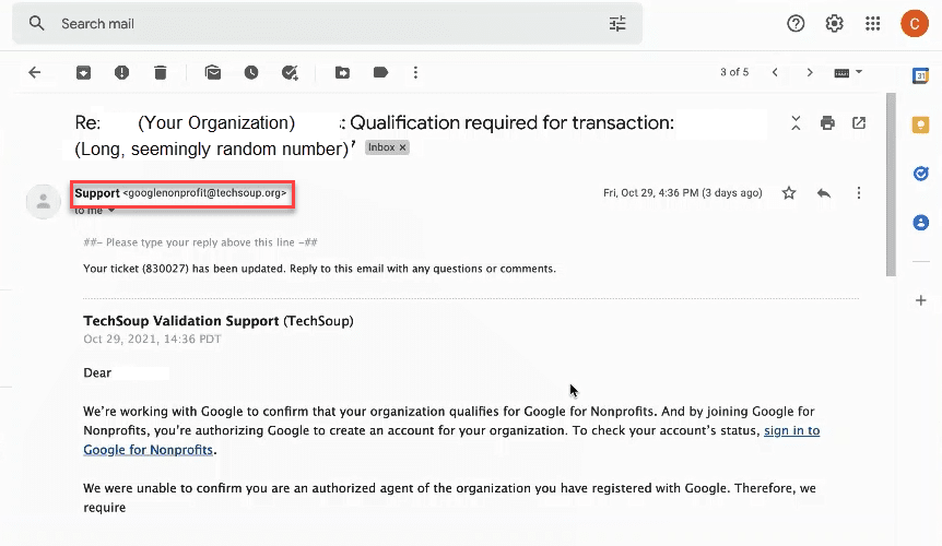 Email from sender TechSoup Validation Support (TechSoup). Email body begins "We're working with Google to confirm that your organization qualifies for Google for Nonprofits."