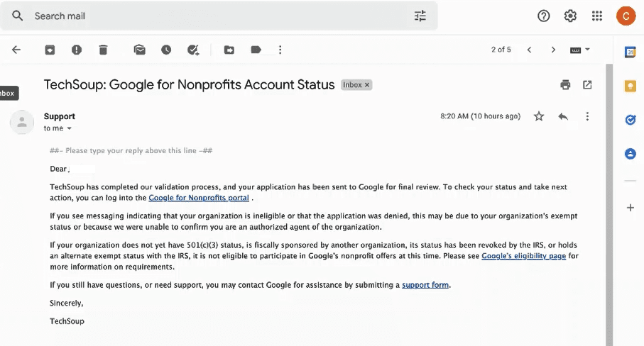 subject of confirmation email from TechSoup is "TechSoup: Google for Nonprofits account status." First sentence is "TechSoup has completed our validation process, and your application has been sent to Google for final review."