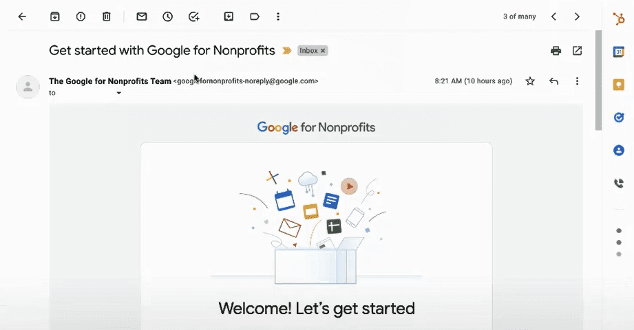 The subject of the email is "Get Started with Google for Nonprofits," and the top of the email is a box with electonics bursting out like confetti and says "Welcome! Let's get started"
