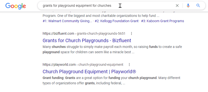 screenshot of google search for grants for playground equipment for churches
