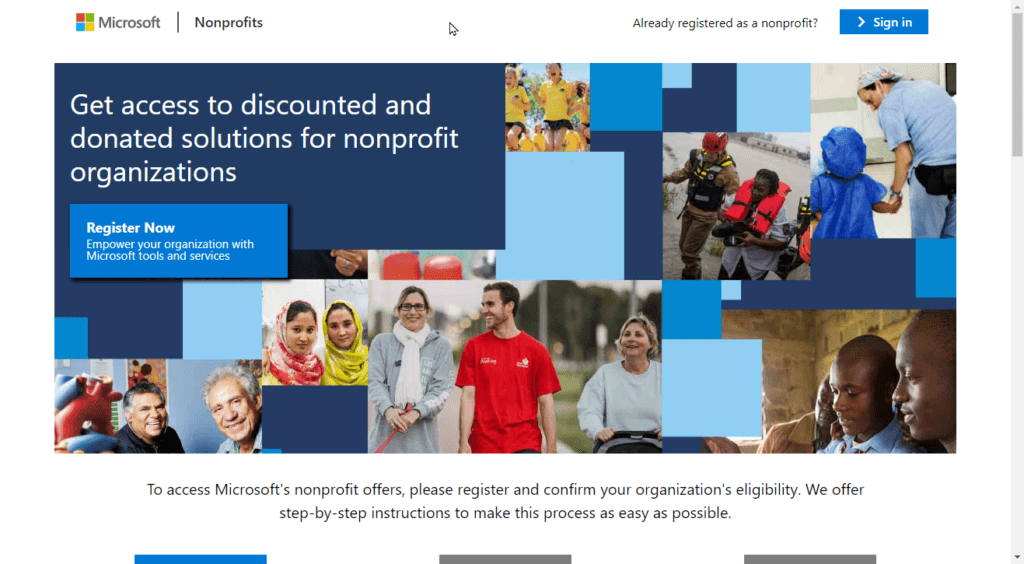 Microsoft for Nonprofits registration page. Get access to discounted and donated solutions for nonprofit organizations