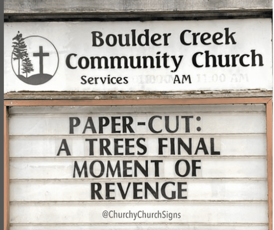 Paper cut: A tree's final moment of revenge.