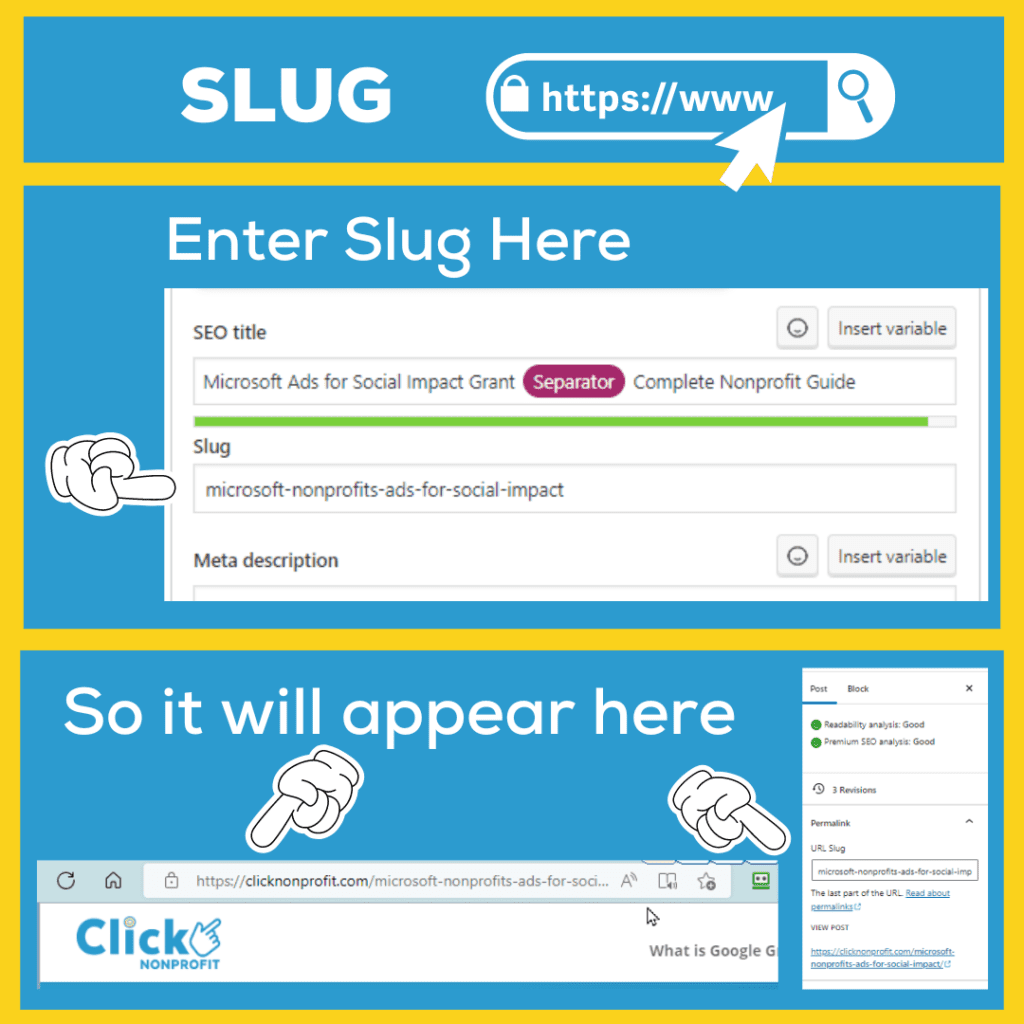 The Slug field is beneath the Focus Keyphrase, Google Preview, and SEO Title field.