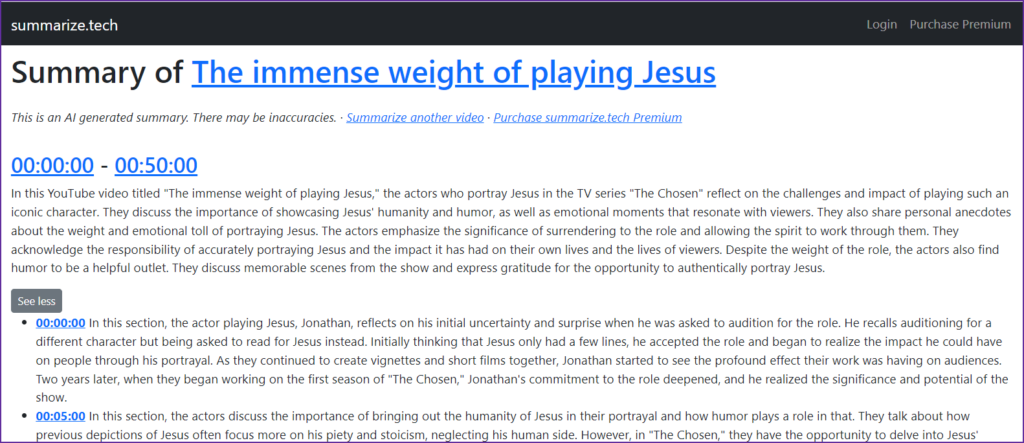 screenshot of the summarize.tech results for The Immense Weight of Playing Jesus.