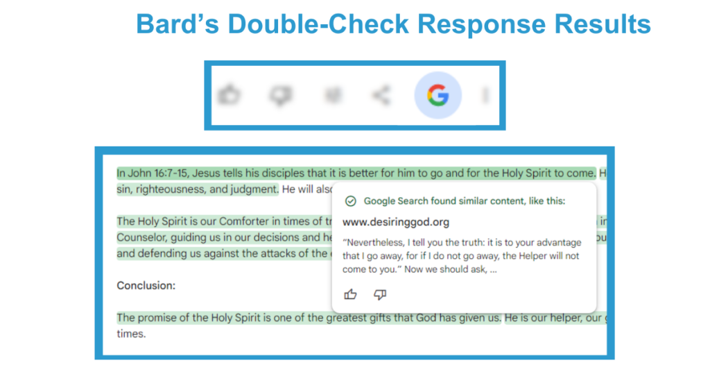screenshot of Bard's Double-Check Response Results showing content highlighted in green with a pop-up overlay providing the link and description for the source of the highlighted text.